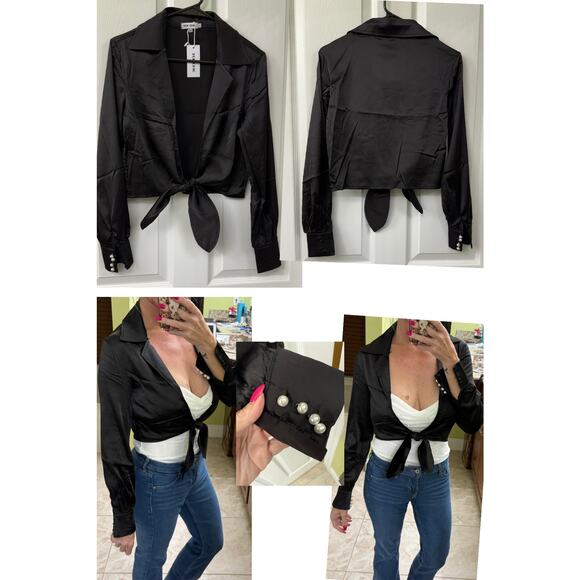 Top Chic black tie waist satin look pearl buttons long sleeve NWT small $68 - Picture 8 of 8
